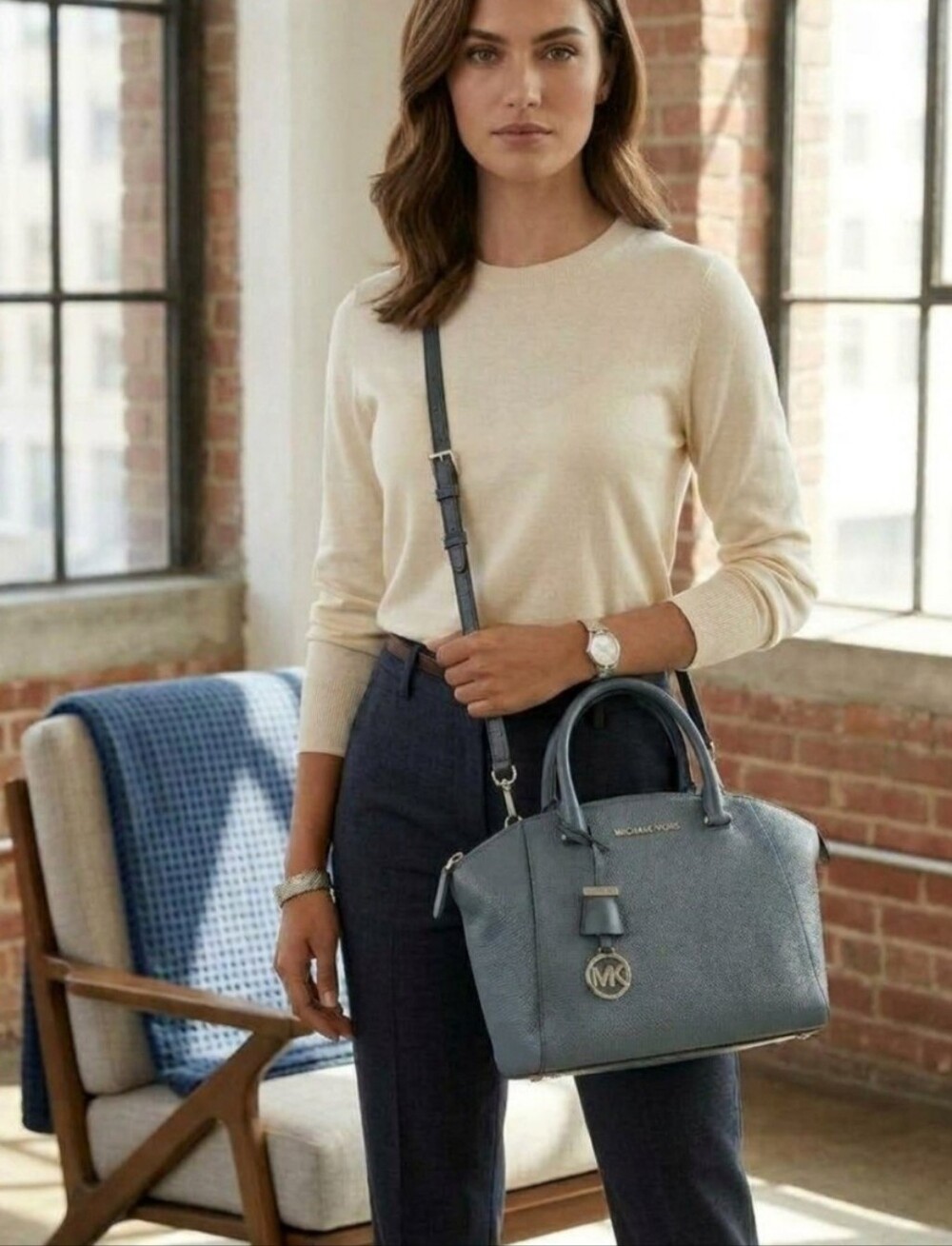 Michael Kors Slate Blue Saffiano Leather Satchel with Crossbody Strap